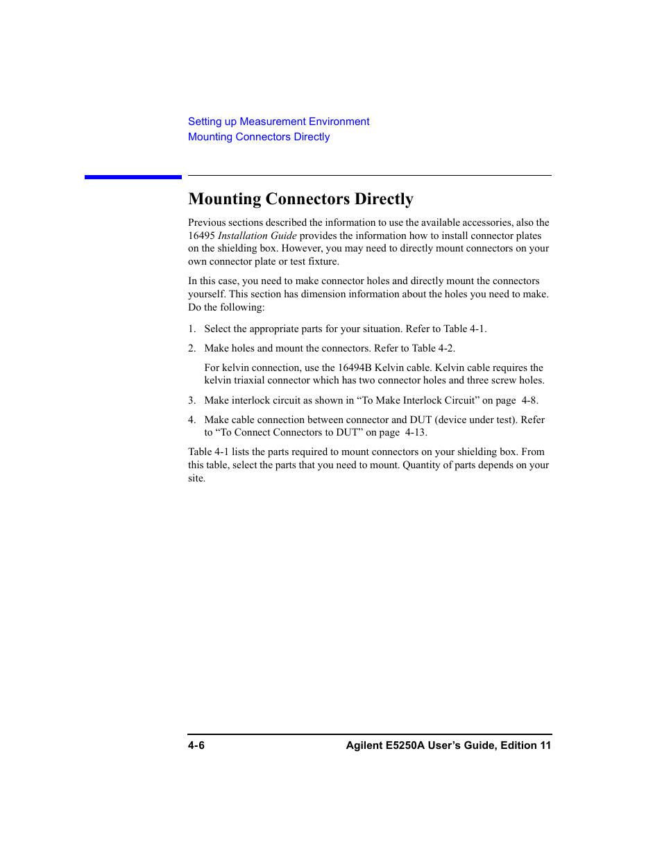 Mounting connectors directly, Mounting connectors directly -6, Mounting connectors directly” des | Agilent Technologies Agilent E5250A User Manual | Page 76 / 326
