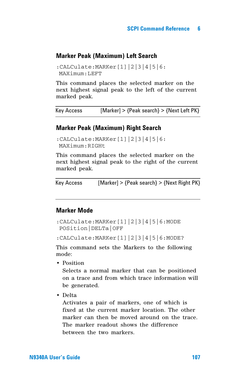 Marker peak (maximum) left search, Marker peak (maximum) right search, Marker mode | Agilent Technologies N9340A User Manual | Page 109 / 161