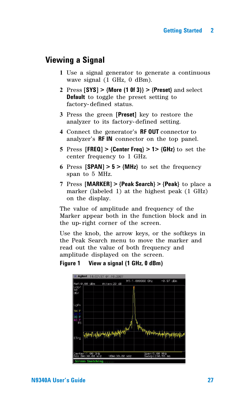 Viewing a signal, Figure 1 view a signal (1 ghz, 0 dbm), Figure 1. view a signal (1 | Agilent Technologies N9340A User Manual | Page 29 / 161