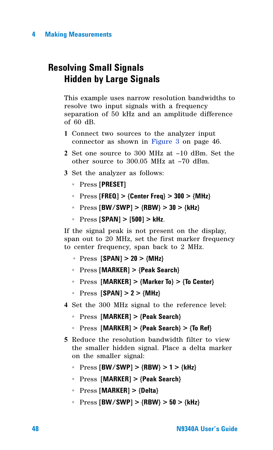 Resolving small signals hidden by large signals | Agilent Technologies N9340A User Manual | Page 50 / 161