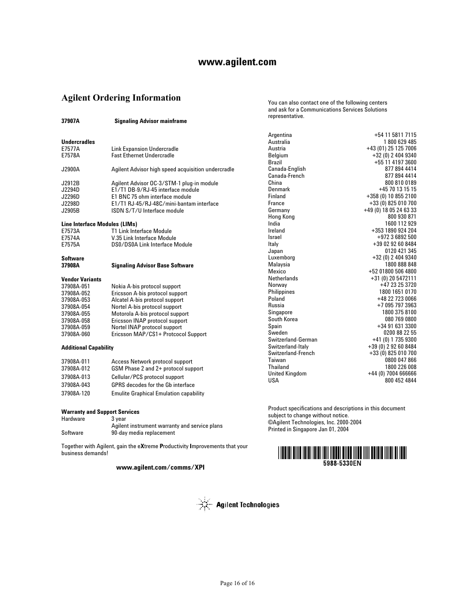 Agilent ordering information | Agilent Technologies 37907A User Manual | Page 16 / 16