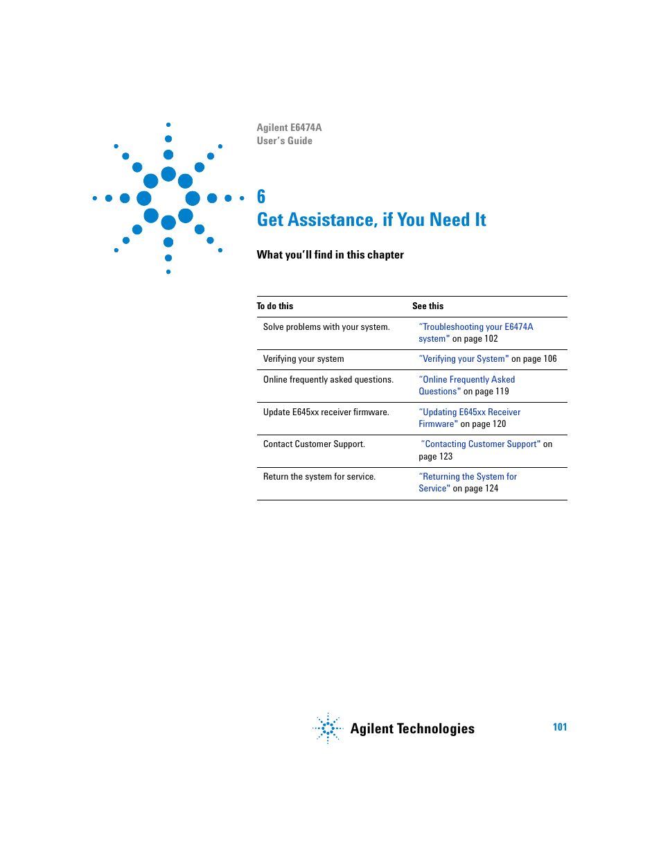 Get assistance, if you need it, What you’ll find in this chapter, Get assistance, if you need it 101 | 6 get assistance, if you need it, Agilent technologies | Agilent Technologies Agilent E6474A User Manual | Page 101 / 184