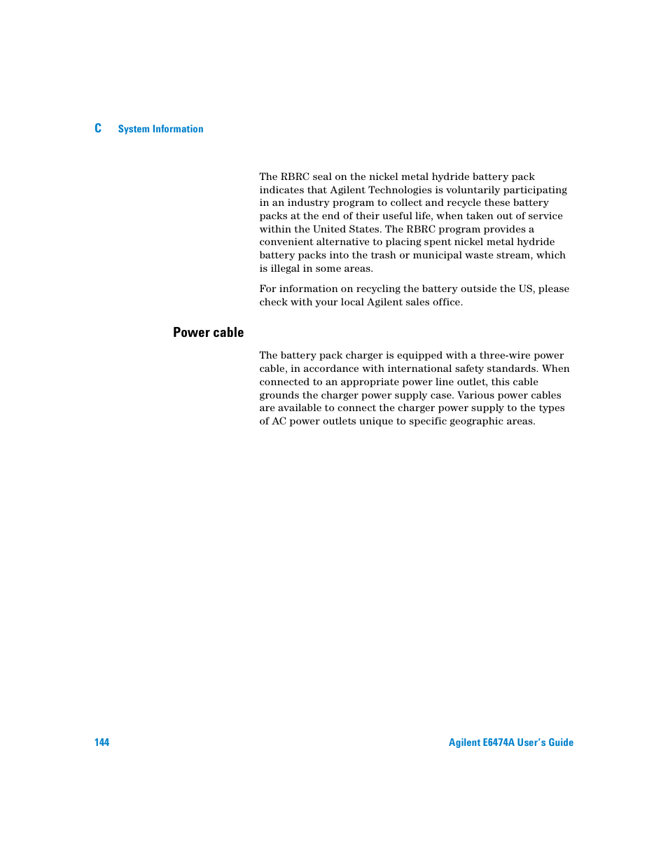 Power cable | Agilent Technologies Agilent E6474A User Manual | Page 144 / 184