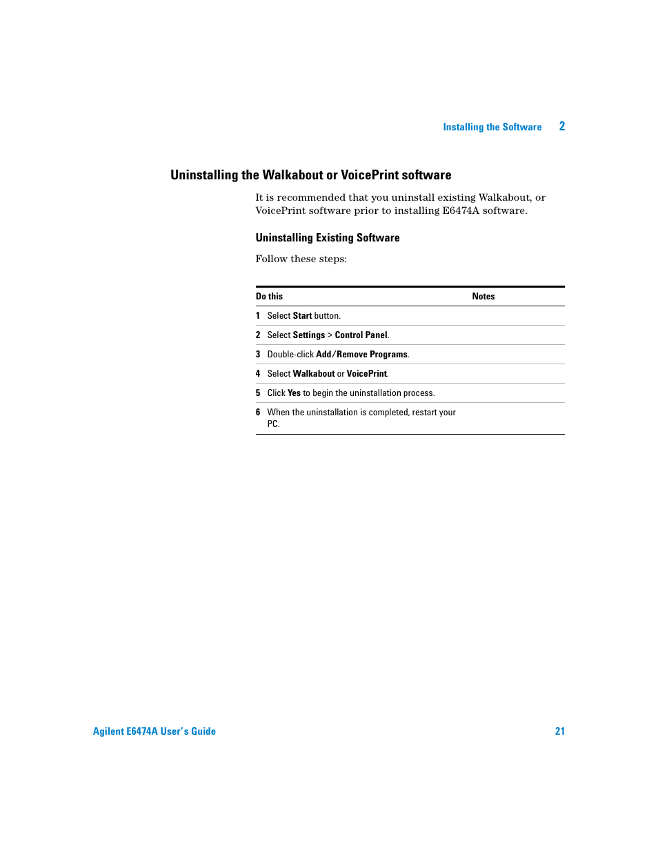 Uninstalling the walkabout or voiceprint software, Uninstalling existing software | Agilent Technologies Agilent E6474A User Manual | Page 21 / 184