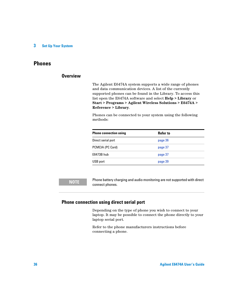 Phones, Overview, Phone connection using direct serial port | Agilent Technologies Agilent E6474A User Manual | Page 36 / 184
