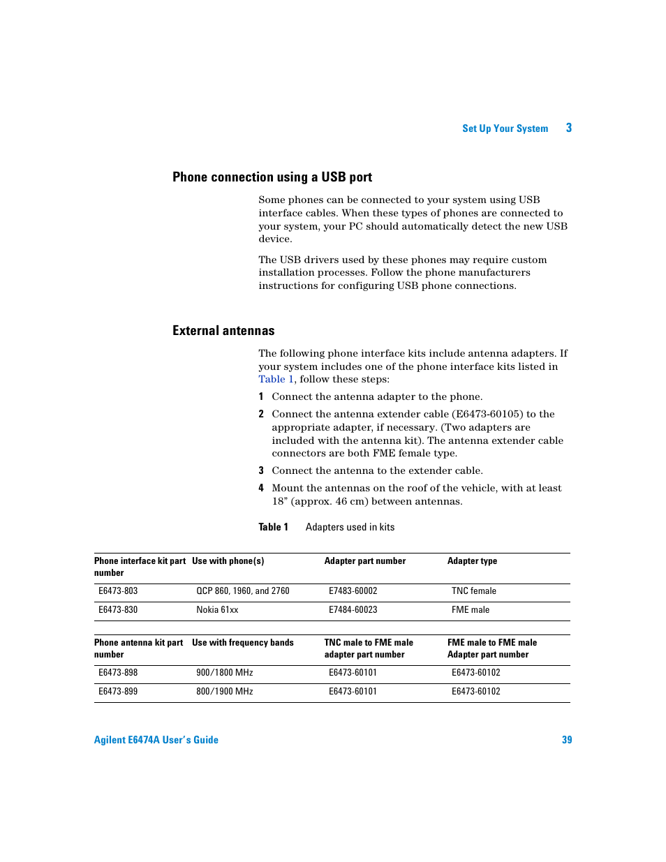 Phone connection using a usb port, External antennas | Agilent Technologies Agilent E6474A User Manual | Page 39 / 184