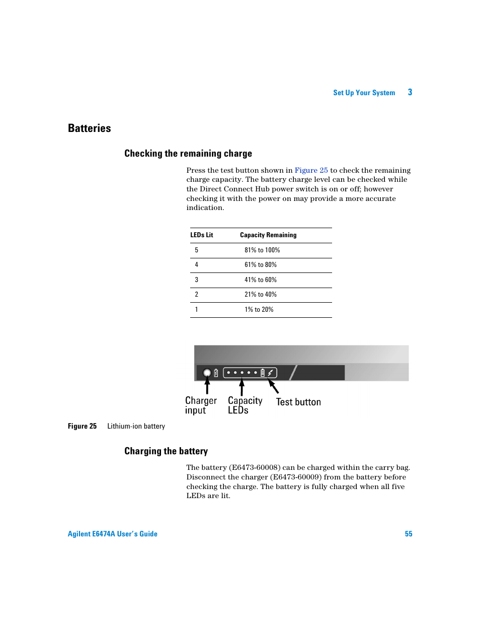 Batteries, Checking the remaining charge, Charging the battery | Agilent Technologies Agilent E6474A User Manual | Page 55 / 184