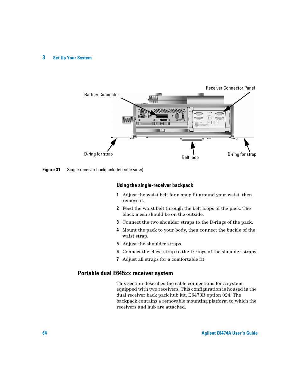 Using the single-receiver backpack, Portable dual e645xx receiver system | Agilent Technologies Agilent E6474A User Manual | Page 64 / 184