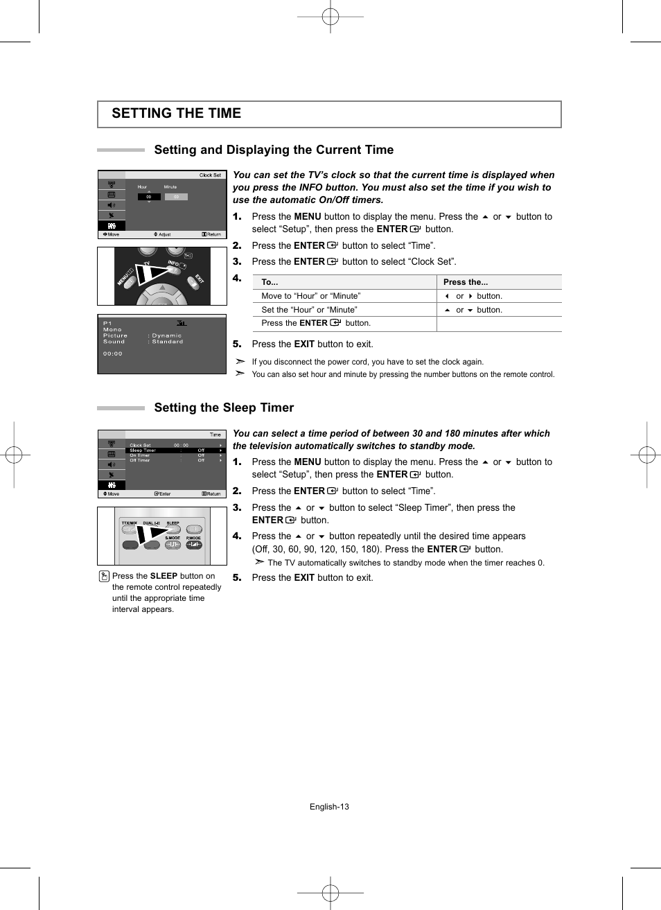 Setting the time, Setting and displaying the current time, Setting the sleep timer | Samsung LW15M23CP User Manual | Page 15 / 66