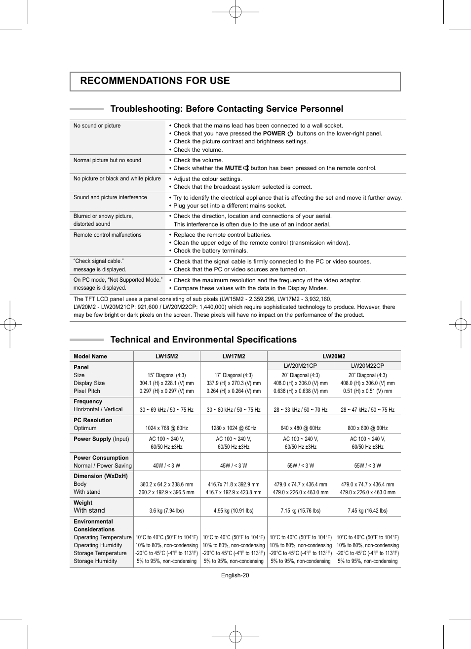 Recommendations for use, Technical and environmental specifications | Samsung LW15M23CP User Manual | Page 22 / 66
