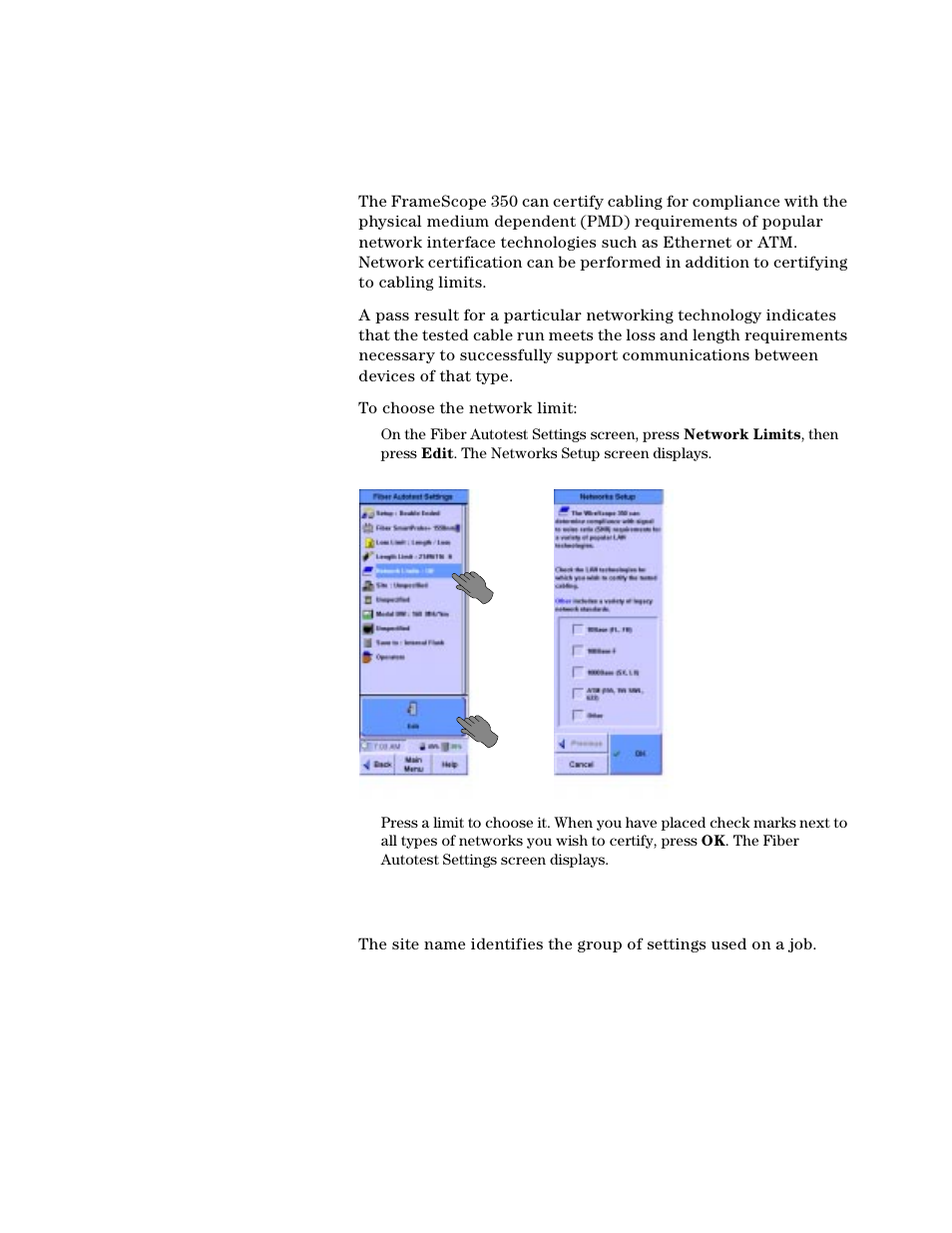 Choosing the network limit, Entering the site name | Agilent Technologies N2610A User Manual | Page 114 / 248