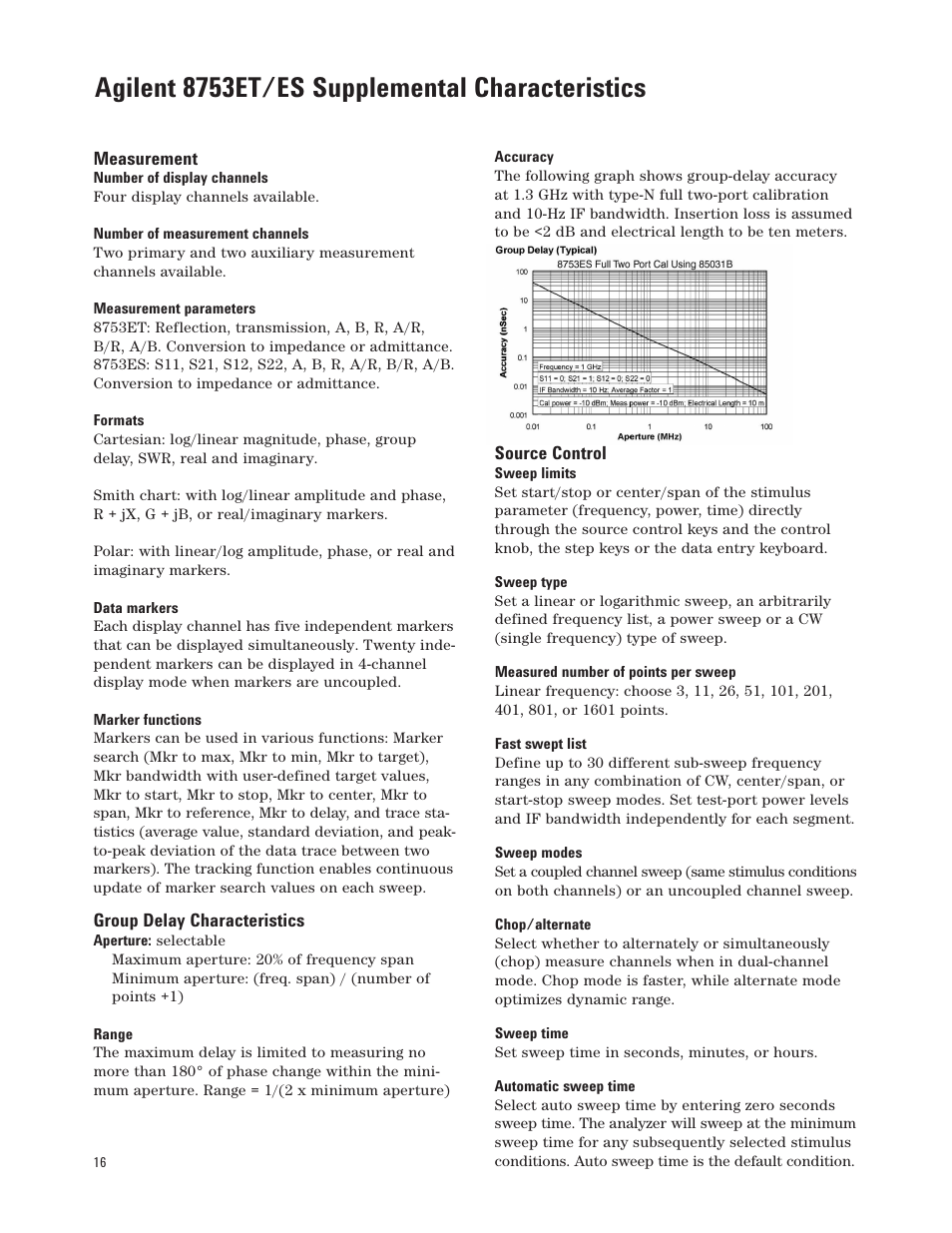 Agilent 8753et/es supplemental characteristics | Agilent Technologies 8753ET User Manual | Page 16 / 28