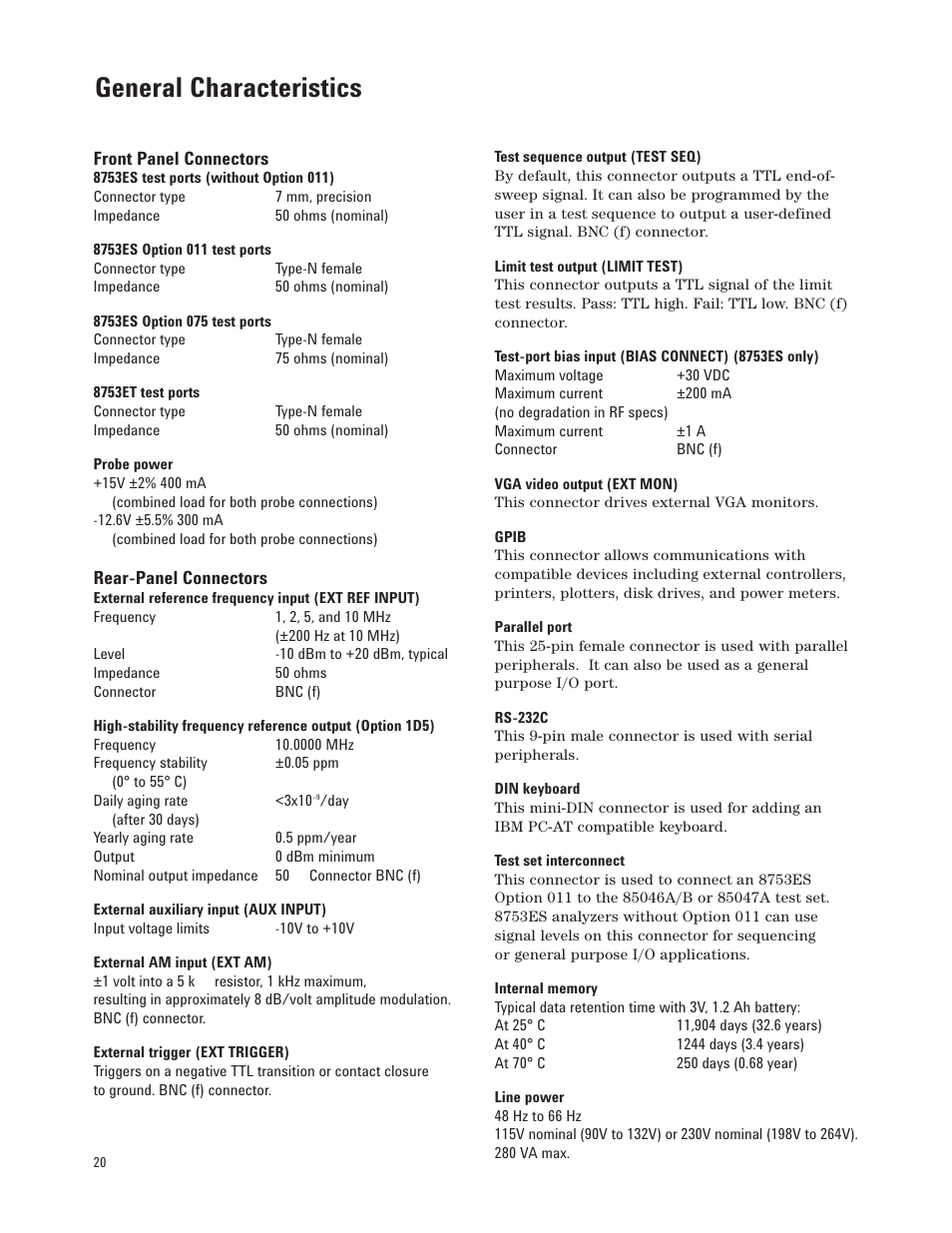 General characteristics | Agilent Technologies 8753ET User Manual | Page 20 / 28