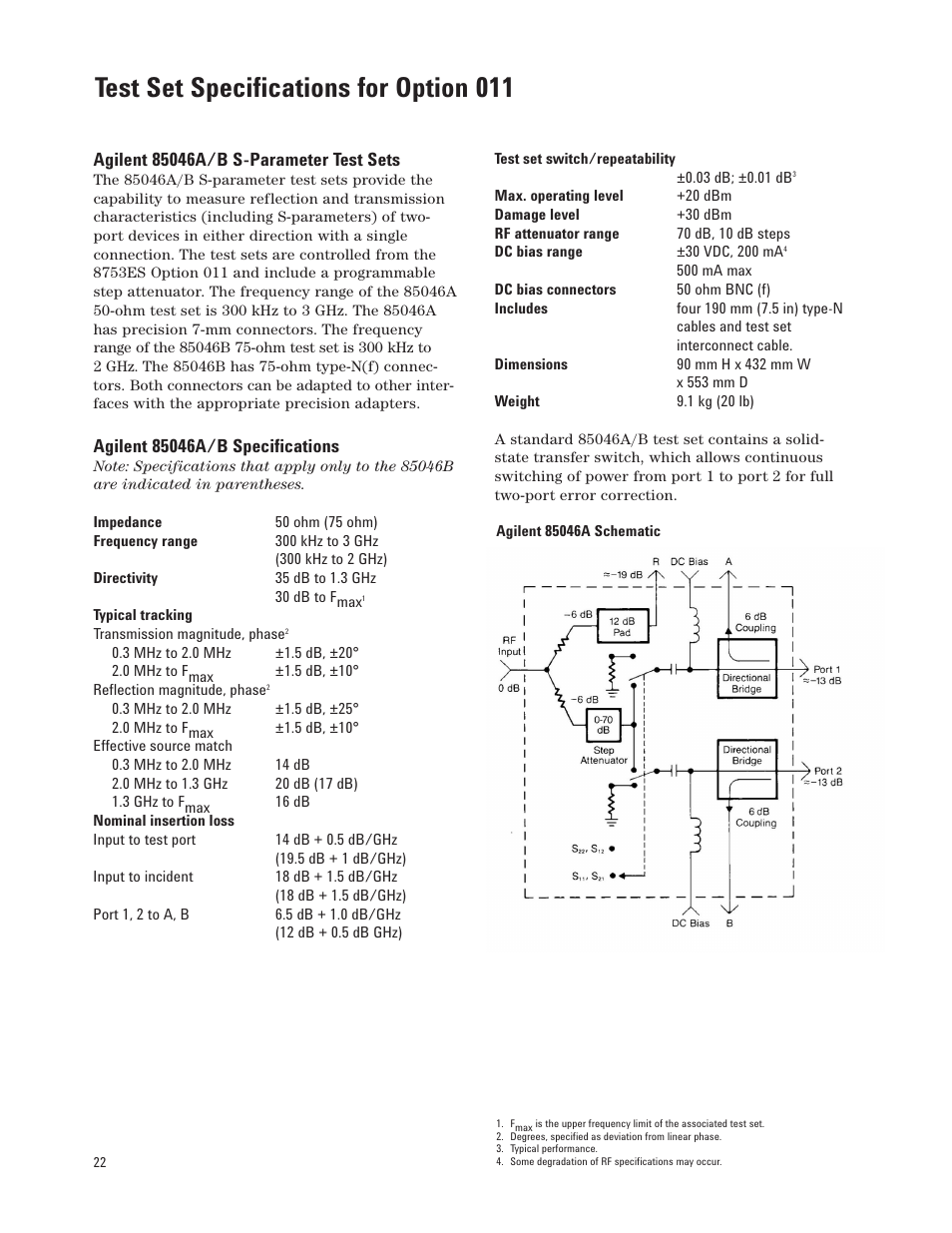 Test set specifications for option 011 | Agilent Technologies 8753ET User Manual | Page 22 / 28