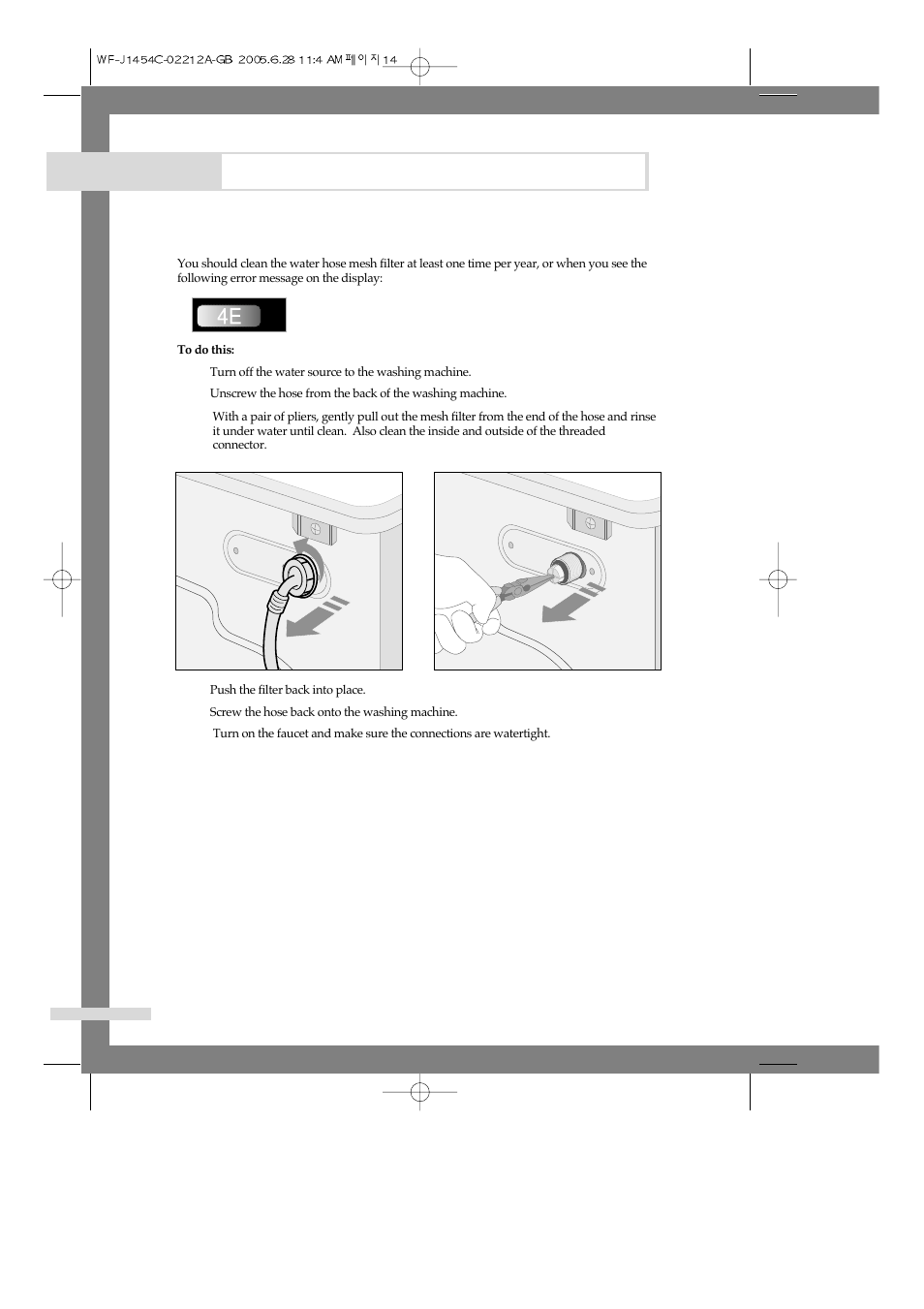 Maintaining the washing machine, Cleaning the water hose mesh filter | Samsung WF-F1254 User Manual | Page 16 / 88