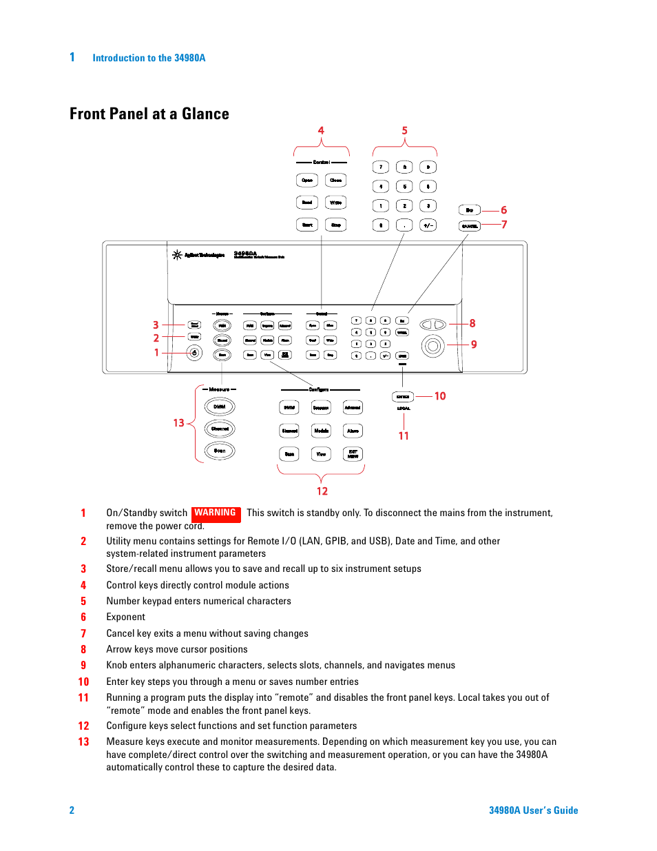 Front panel at a glance | Agilent Technologies Switch/Measure User Manual | Page 14 / 216
