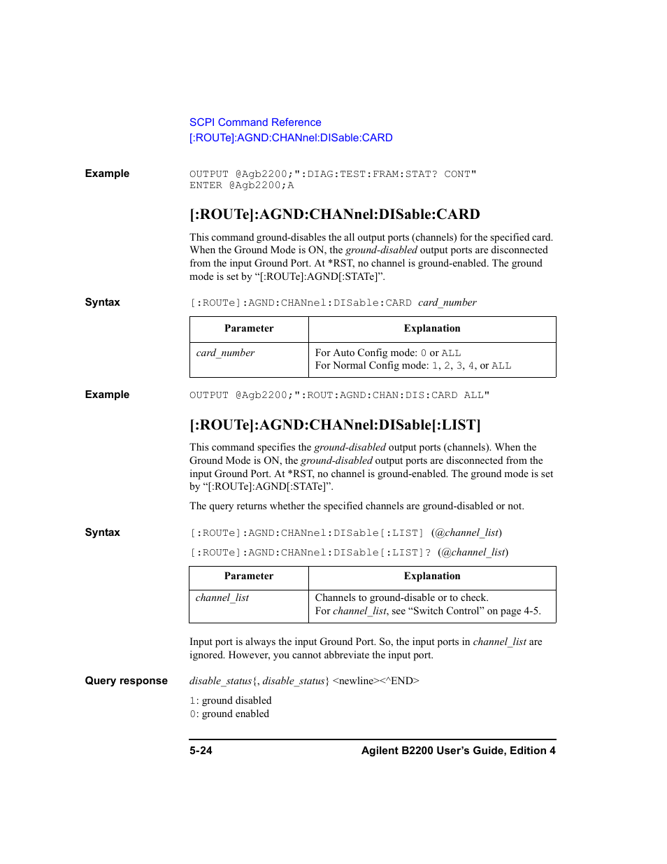 Route]:agnd:channel:disable:card, Route]:agnd:channel:disable[:list | Agilent Technologies Agilent B2201A User Manual | Page 152 / 230