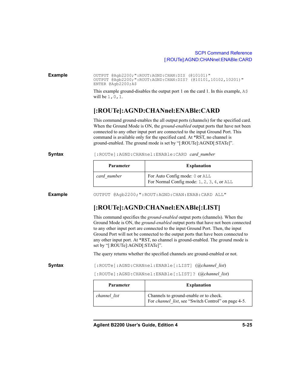 Route]:agnd:channel:enable:card, Route]:agnd:channel:enable[:list | Agilent Technologies Agilent B2201A User Manual | Page 153 / 230