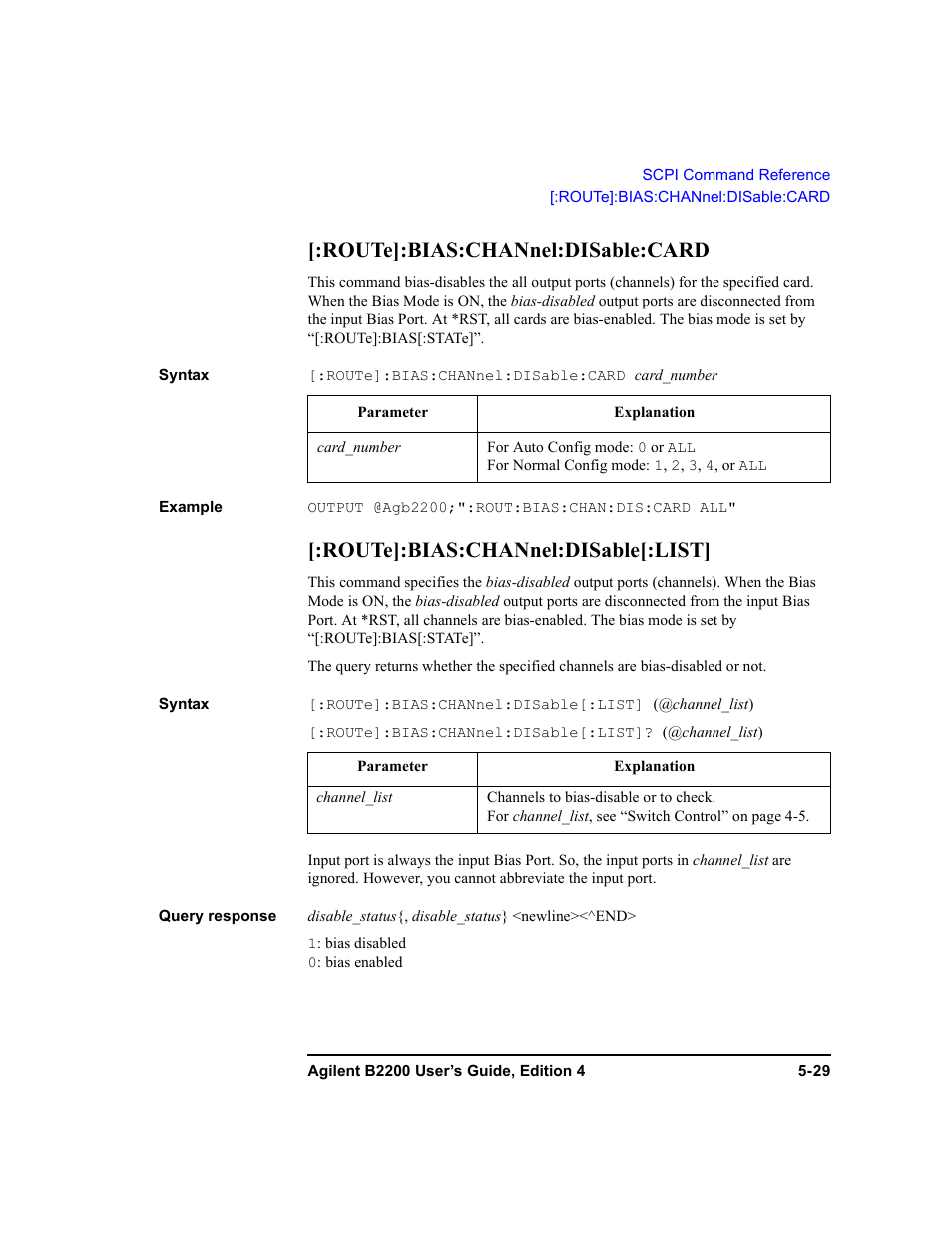 Route]:bias:channel:disable:card, Route]:bias:channel:disable[:list | Agilent Technologies Agilent B2201A User Manual | Page 157 / 230