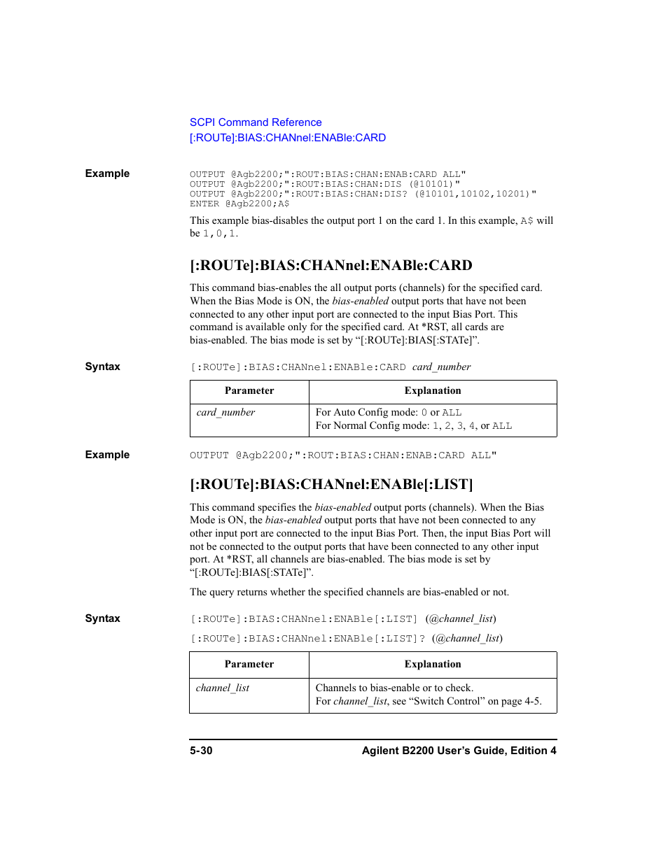 Route]:bias:channel:enable:card, Route]:bias:channel:enable[:list | Agilent Technologies Agilent B2201A User Manual | Page 158 / 230