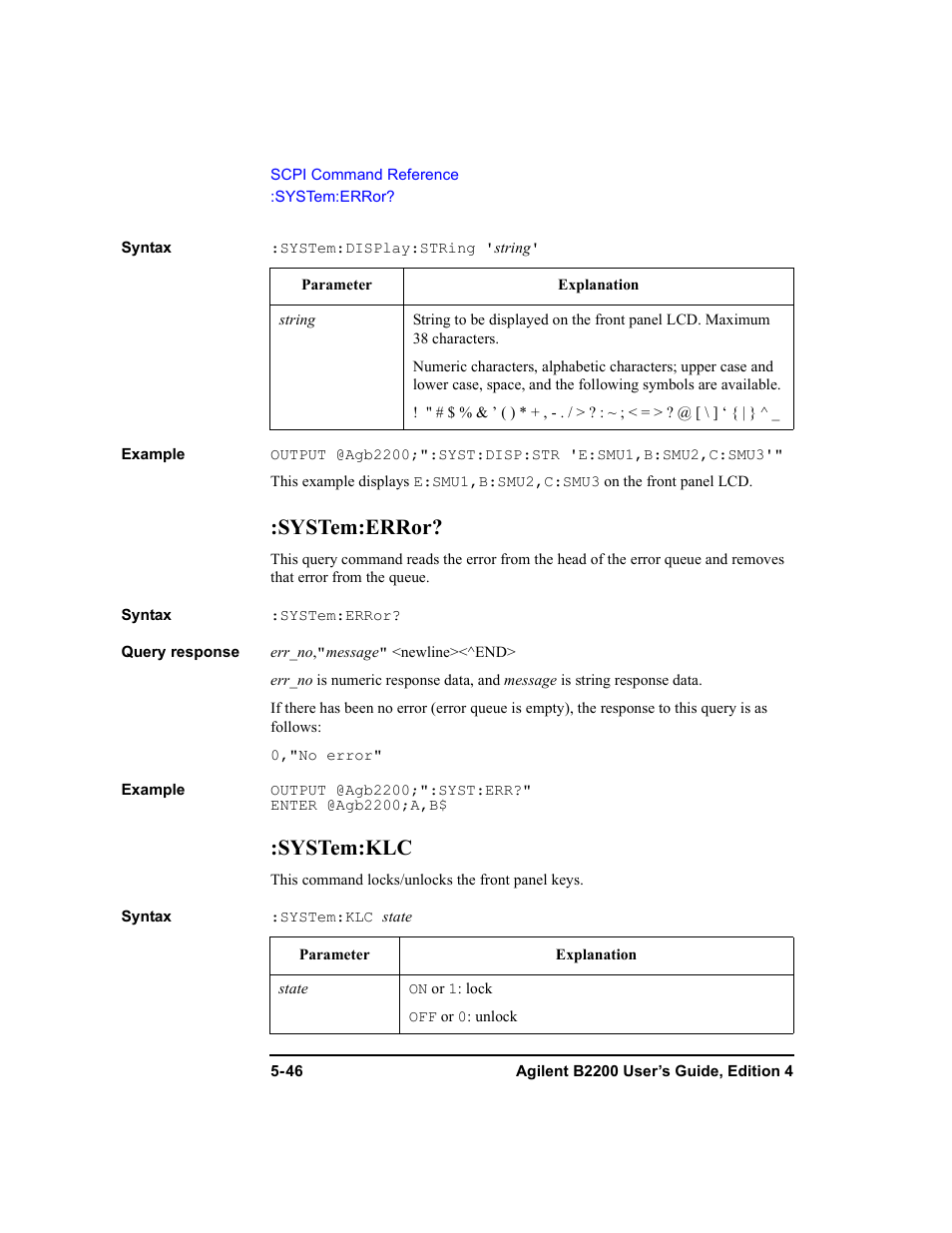 System:error, System:klc | Agilent Technologies Agilent B2201A User Manual | Page 174 / 230