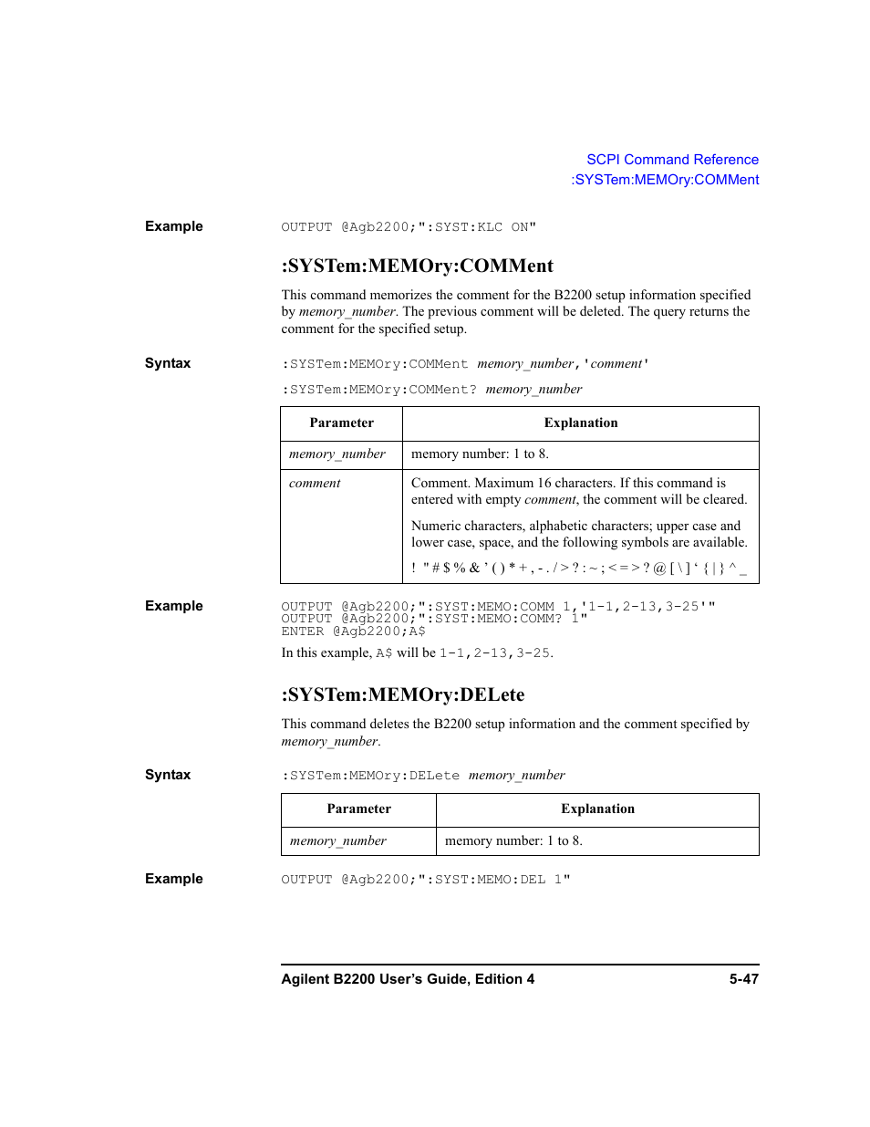 System:memory:comment, System:memory:delete | Agilent Technologies Agilent B2201A User Manual | Page 175 / 230
