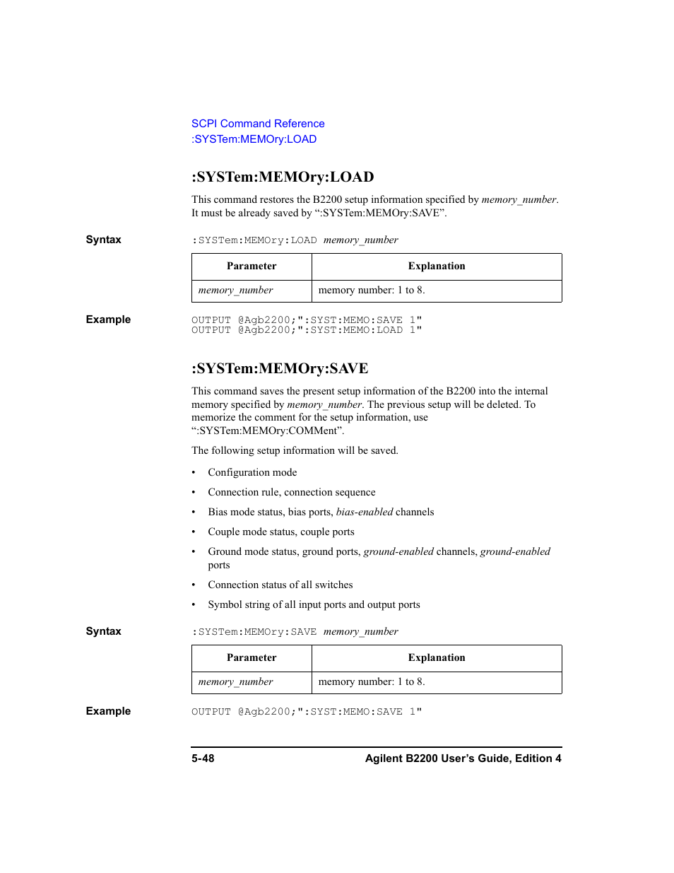 System:memory:load, System:memory:save | Agilent Technologies Agilent B2201A User Manual | Page 176 / 230