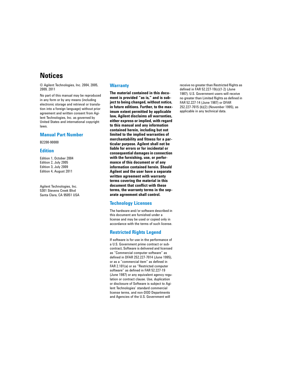 Notices, Manual part number, Edition | Warranty, Technology licenses, Restricted rights legend | Agilent Technologies Agilent B2201A User Manual | Page 2 / 230