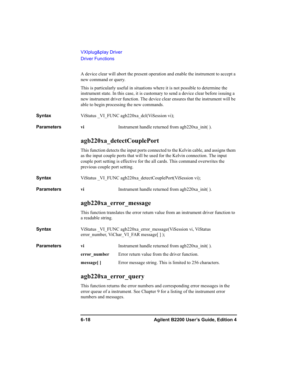 Agb220xa_detectcoupleport, Agb220xa_error_message, Agb220xa_error_query | Agilent Technologies Agilent B2201A User Manual | Page 204 / 230