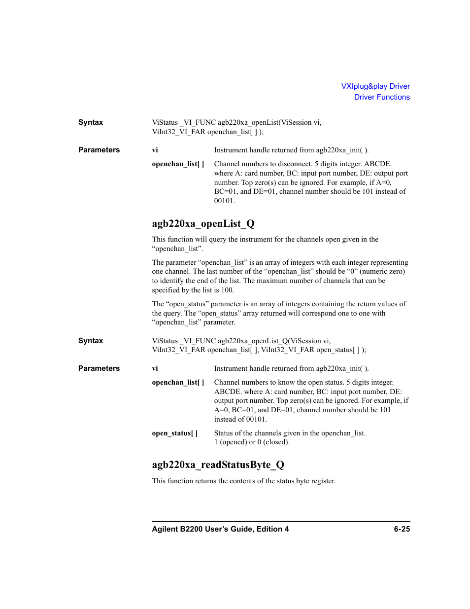 Agb220xa_openlist_q, Agb220xa_readstatusbyte_q | Agilent Technologies Agilent B2201A User Manual | Page 211 / 230
