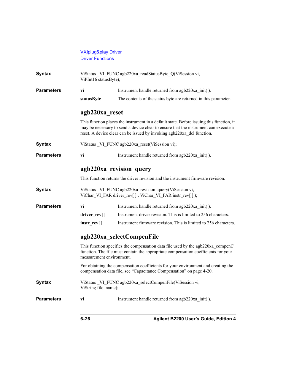 Agb220xa_reset, Agb220xa_revision_query, Agb220xa_selectcompenfile | Agb220xa_selectcompenfile f | Agilent Technologies Agilent B2201A User Manual | Page 212 / 230