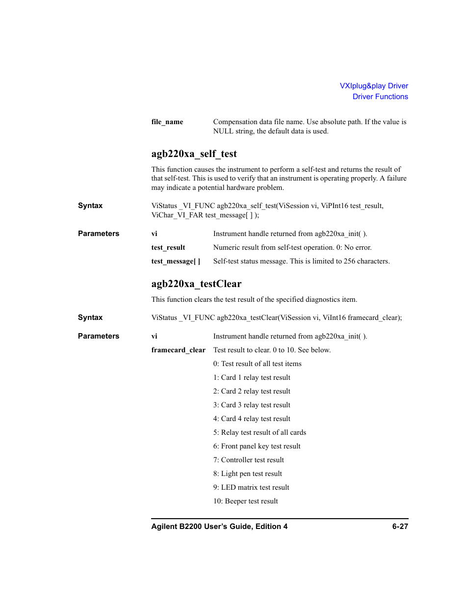 Agb220xa_self_test, Agb220xa_testclear | Agilent Technologies Agilent B2201A User Manual | Page 213 / 230