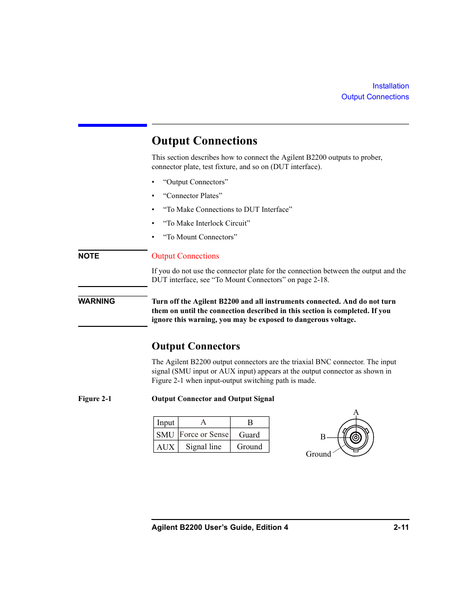 Output connections, Output connectors | Agilent Technologies Agilent B2201A User Manual | Page 47 / 230