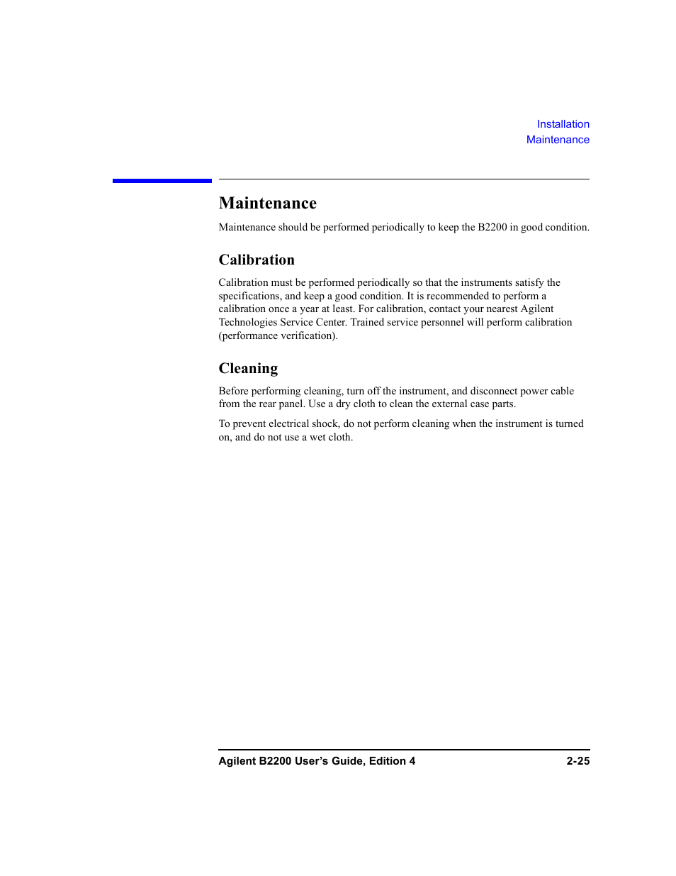 Maintenance, Calibration, Cleaning | Agilent Technologies Agilent B2201A User Manual | Page 61 / 230