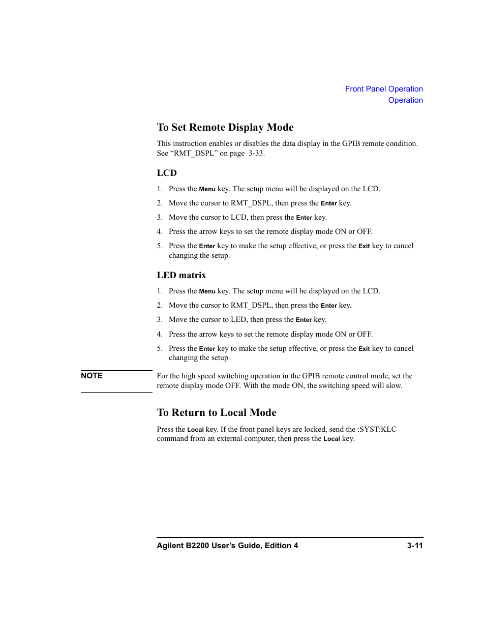 To set remote display mode, To return to local mode | Agilent Technologies Agilent B2201A User Manual | Page 73 / 230