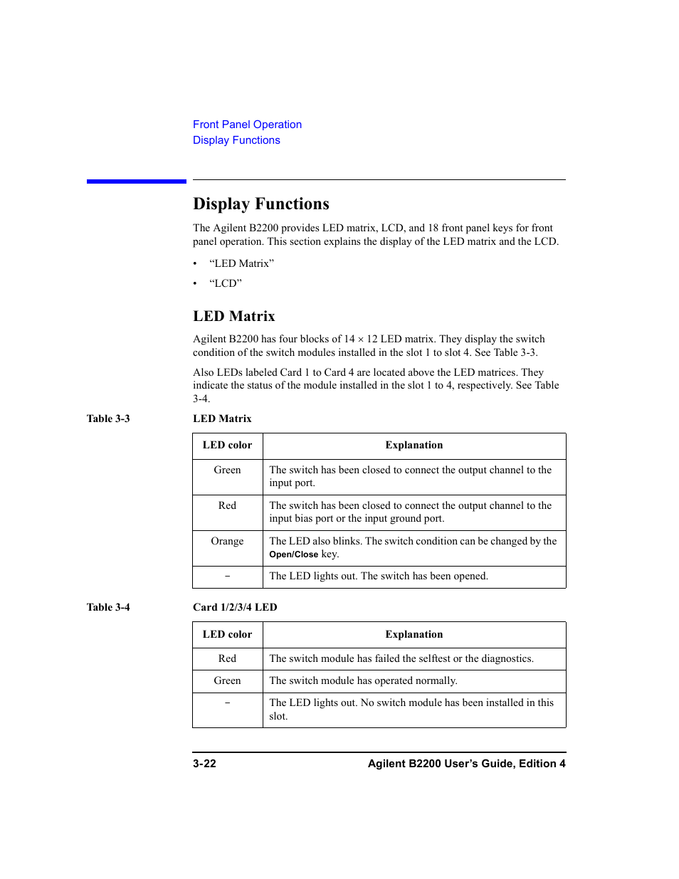 Display functions, Led matrix | Agilent Technologies Agilent B2201A User Manual | Page 84 / 230