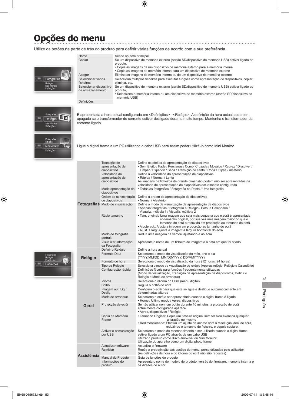 Opções do menu | Samsung SPF-107H User Manual | Page 53 / 72