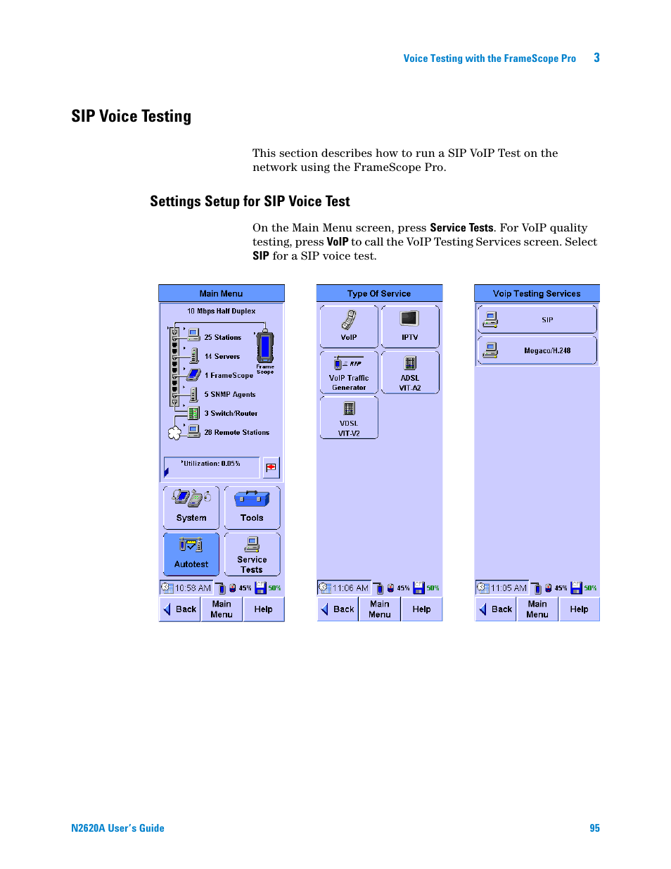 Sip voice testing, Settings setup for sip voice test | Agilent Technologies N2620A User Manual | Page 113 / 279