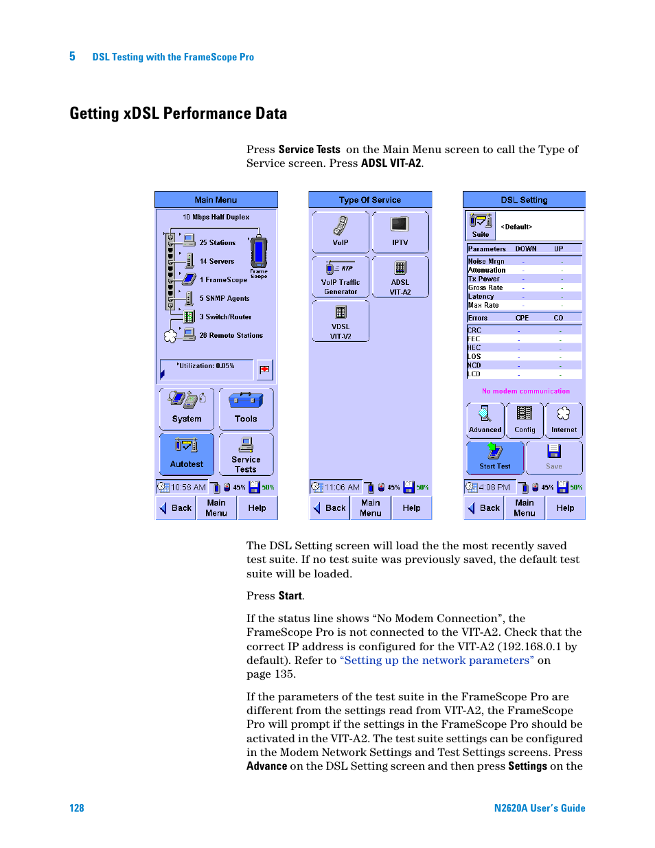 Getting xdsl performance data | Agilent Technologies N2620A User Manual | Page 146 / 279