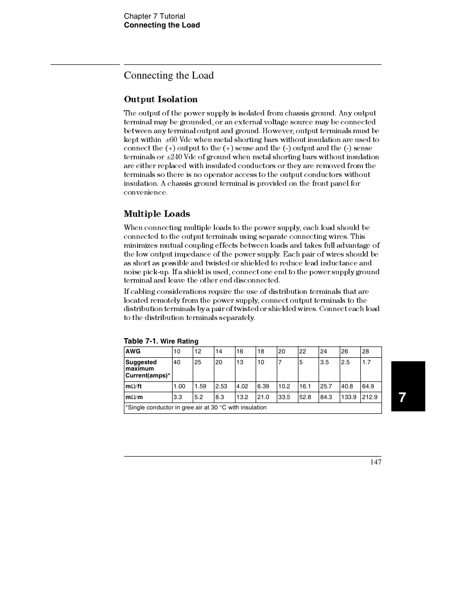 Connecting the load, Output isolation, Multiple loads | Table 7-1 . wire rating, Connecting the load 147, Output isolation 147, Multiple loads 147 | Agilent Technologies E3632A User Manual | Page 150 / 172