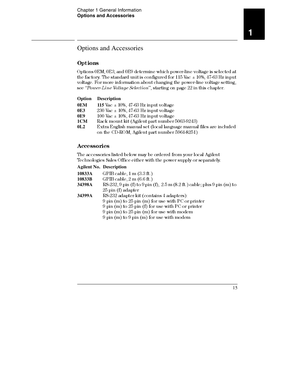 Options and accessories, Option description, Options 15 | Accessories 15, Options, Accessories, Power-line voltage selection | Agilent Technologies E3632A User Manual | Page 16 / 172