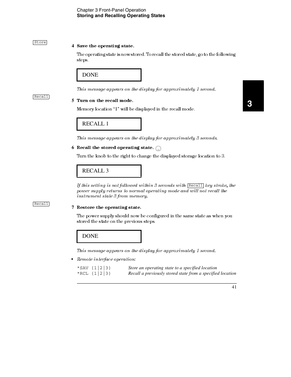 4 save the operating state, 5 turn on the recall mode, 6 recall the stored operating state | 7 restore the operating state | Agilent Technologies E3632A User Manual | Page 43 / 172