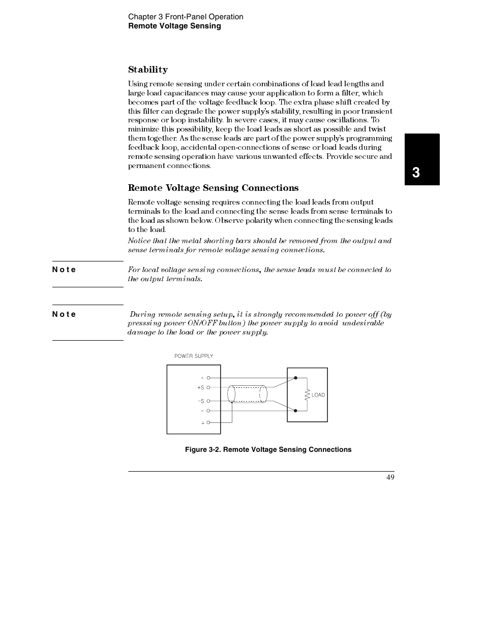 Note, Figure 3-2. remote voltage sensing connections, Stability 49 | Remote voltage sensing connections 49, Stability, Remote voltage sensing connections | Agilent Technologies E3632A User Manual | Page 51 / 172