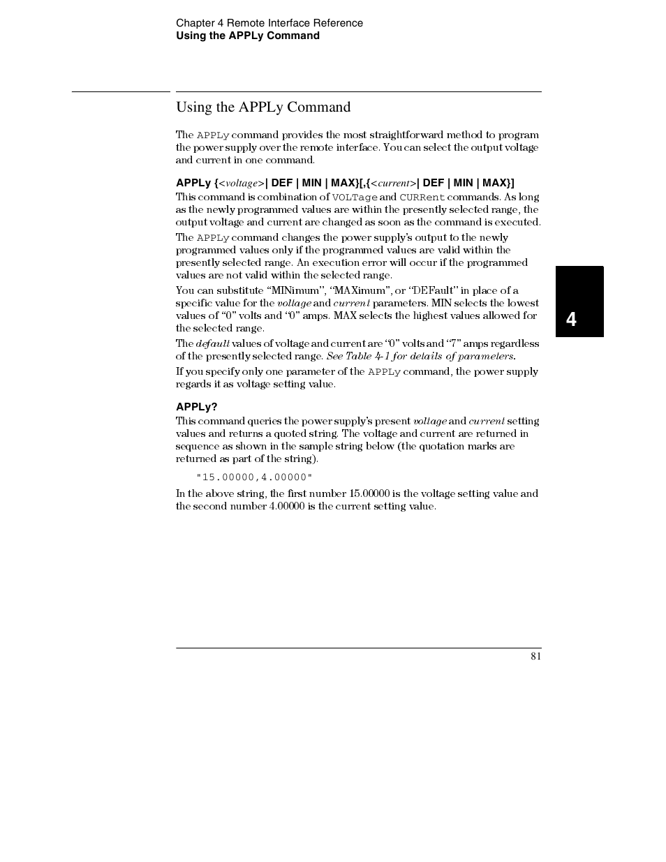 Using the apply command, Apply, Using the apply command 81 | Agilent Technologies E3632A User Manual | Page 84 / 172