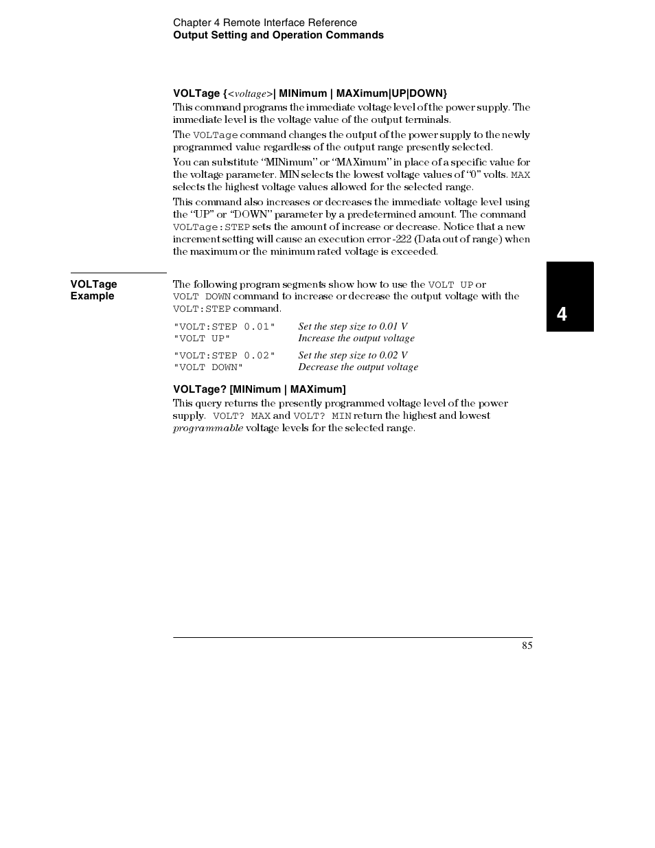 Voltage {<voltage>| minimum | maximum|up|down, Voltage, Voltage? [minimum | maximum | Programmable | Agilent Technologies E3632A User Manual | Page 88 / 172