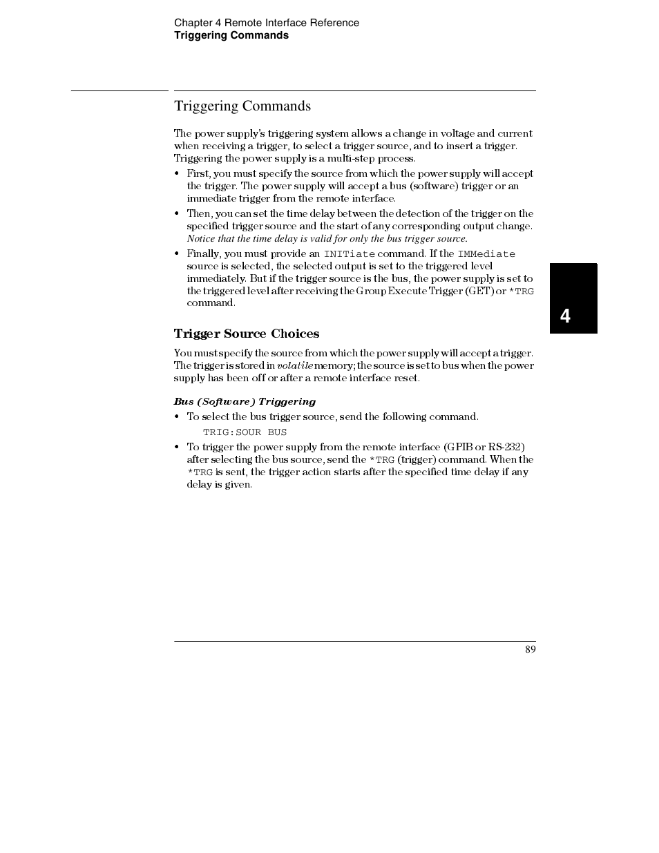 Triggering commands, Bus (software) triggering, Triggering commands 89 | Trigger source choices 89, Trigger source choices | Agilent Technologies E3632A User Manual | Page 92 / 172