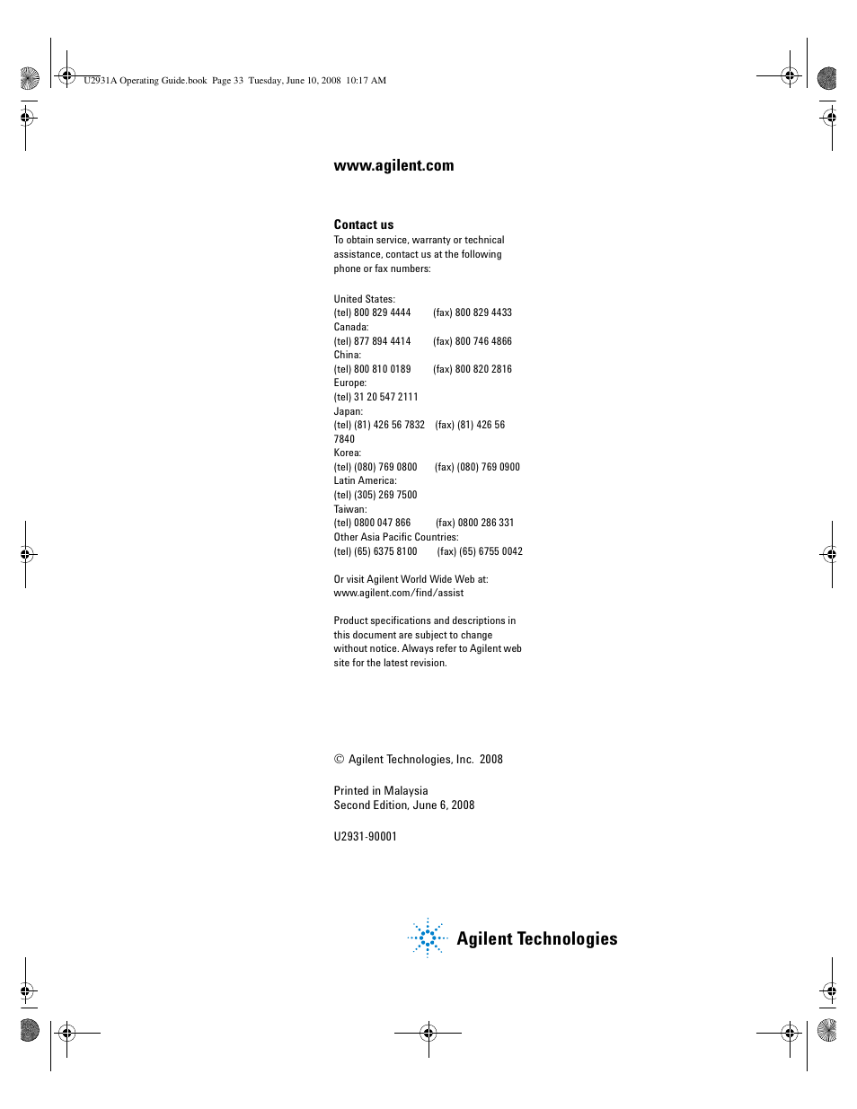 Agilent technologies | Agilent Technologies Agilent RF Switch Driver Board U2121A-101 User Manual | Page 41 / 41