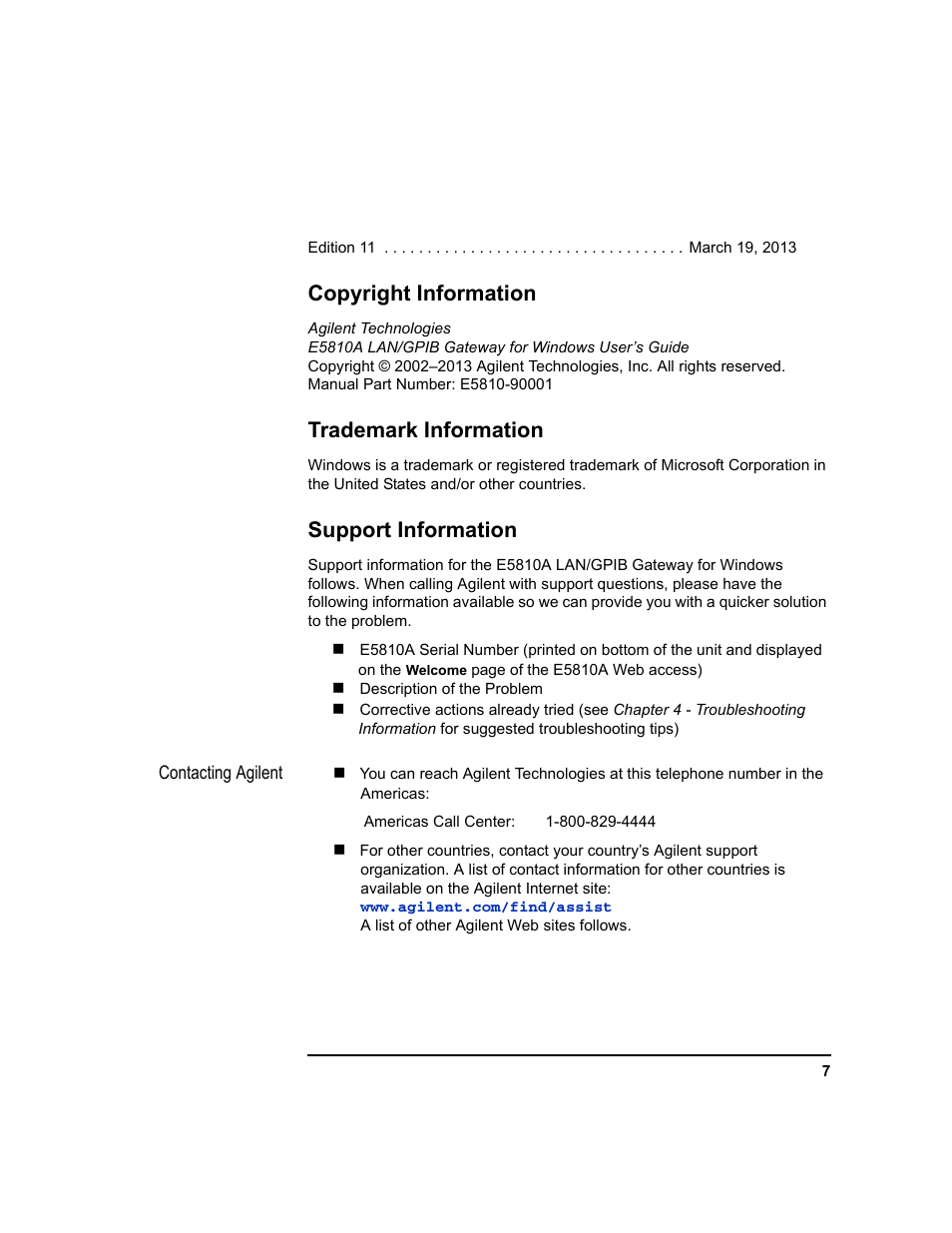 Copyright information, Trademark information, Support information | Agilent Technologies E5810A User Manual | Page 7 / 159