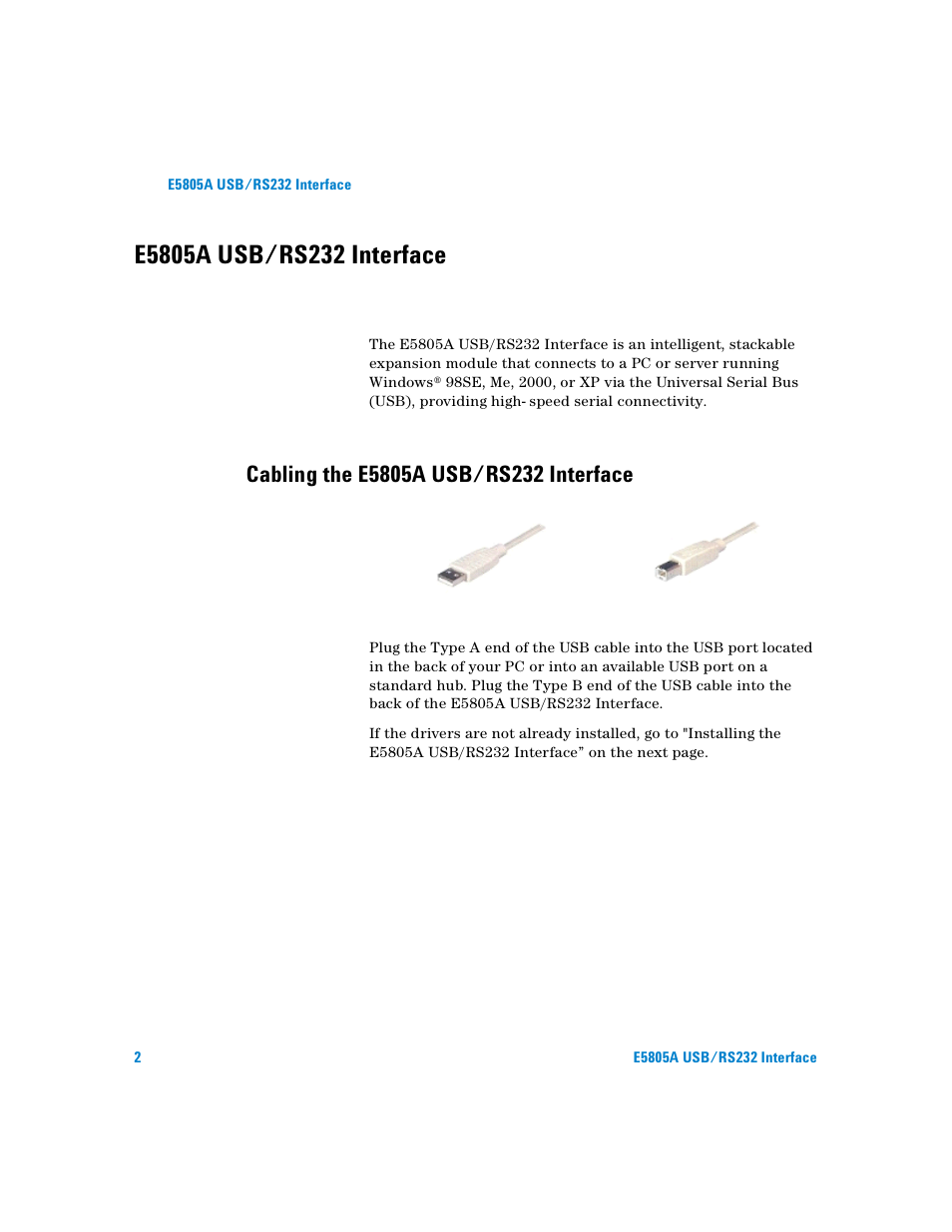 E5805a usb/rs232 interface, Cabling the e5805a usb/rs232 interface | Agilent Technologies E5805A User Manual | Page 6 / 47
