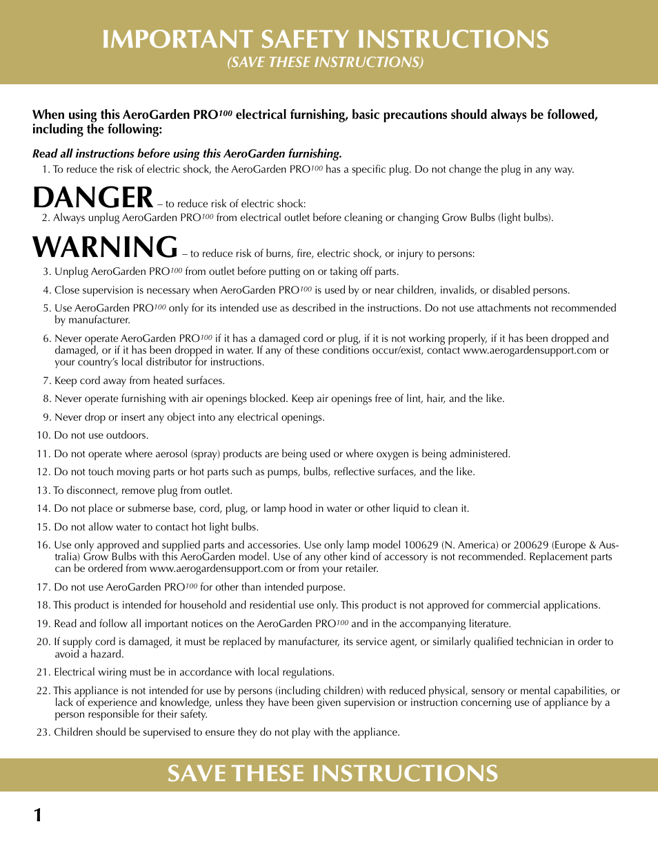Danger, Warning, Important safety instructions | Save these instructions, Save these instructions) | AeroGarden 100710-BSS User Manual | Page 2 / 16